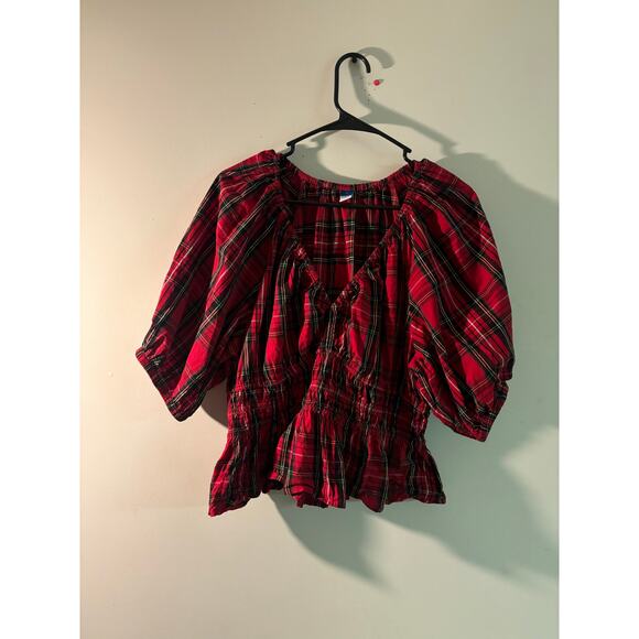 Old Navy Red Plaid Holiday Ruffle Sleeve Top | Size L | Festive V-Neck Blouse - Picture 1 of 7